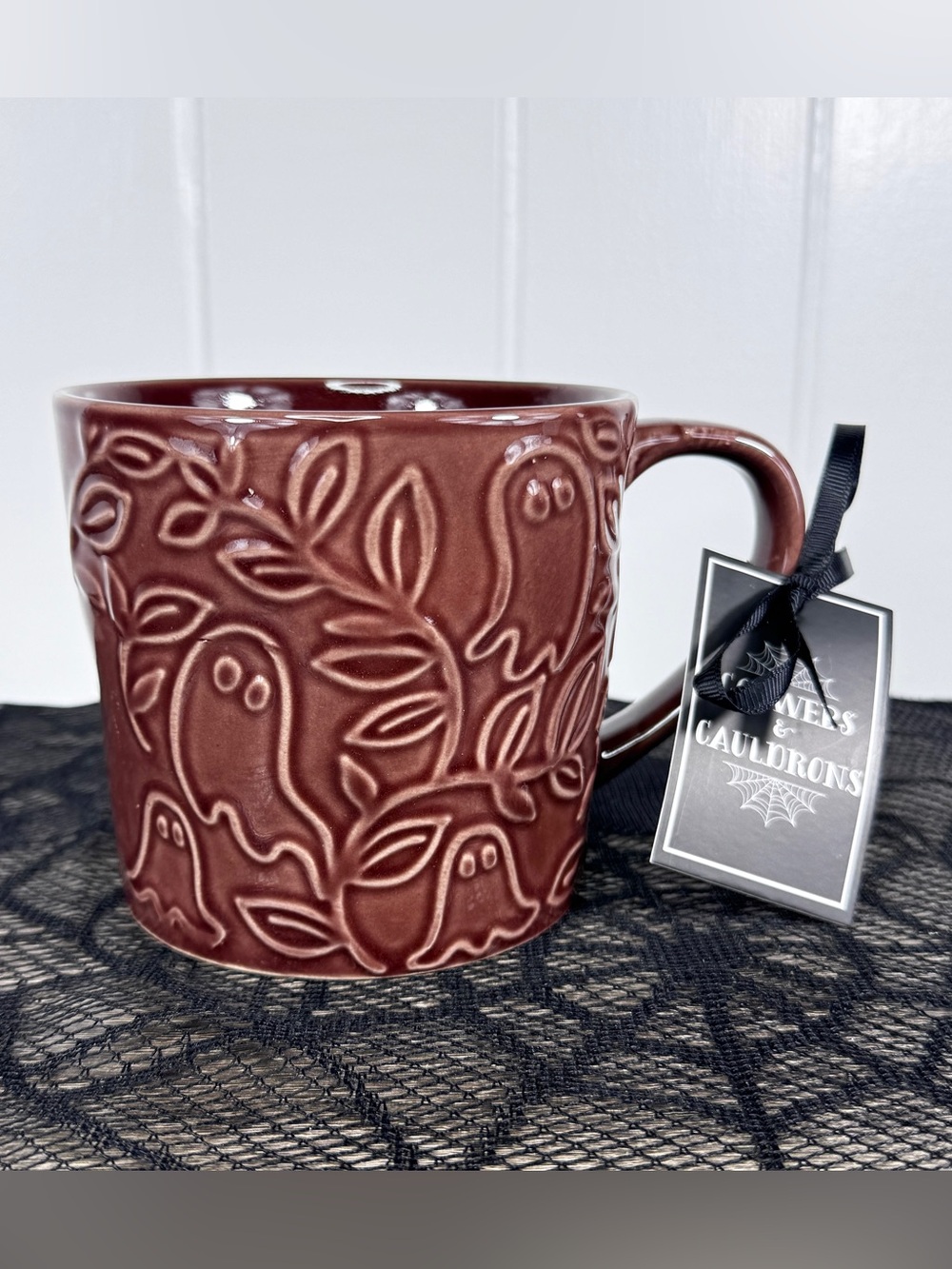 NEW Cobwebs & Cauldrons Ghosts and Leaves Halloween Mug